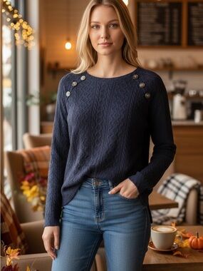 Cable-Knit Button Shoulder Lightweight Sweater Black